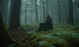 a man is sitting on the ground in the woods