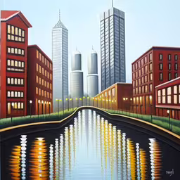 a painting of a city with skyscrapers and reflecting water