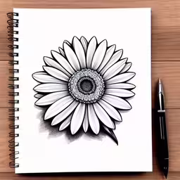 a pen and paper drawing of a flower,a notebook with an drawing of a flower on the cover