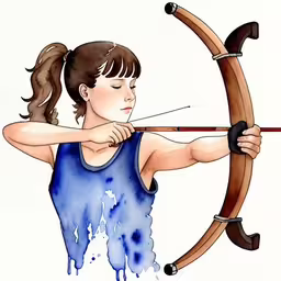 a watercolor drawing of a girl aiming an arrow,a girl is aiming an arrow with blue paint