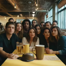 a group of people standing and sitting at a table