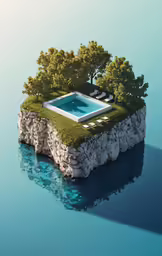 an island is surrounded by a swimming pool and trees