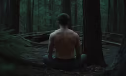 a shirtless man sits in the woods and looks back