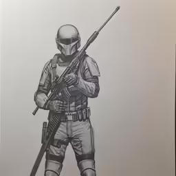 a pencil drawing of a man in military clothing holding a gun
