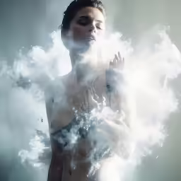 a beautiful woman is dressed up as a smoke bomb