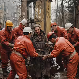 men dressed in orange suits shaking hands next to a tree
