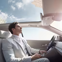 a man in a white suit is in a car
