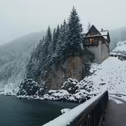 a couple of people in black jackets on a bridge and trees