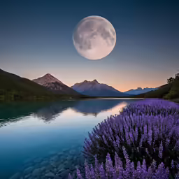 a full moon sets over a mountain and lake