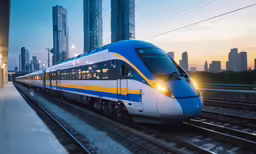 a train sitting on the tracks in front of buildings