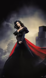 a lady in black dress standing on a cloudy day