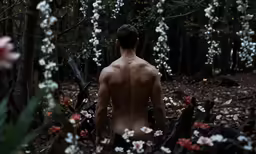 a man walking through the woods while surrounded by flowers