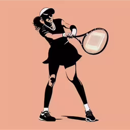 a woman is holding a tennis racket and ready to hit the ball,a woman swinging a tennis racket in front of a pink background,a woman tennis player with a racket,a girl in an old school tennis dress is getting ready to play tennis,an illustration of a woman with a racket