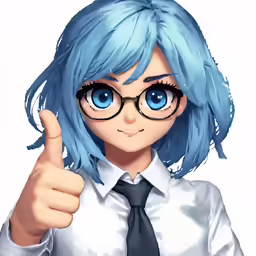a digital image of an anime character holding a button and giving the thumbs up sign