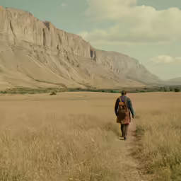 the man in blue shirt is hiking through a mountain area