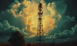 an aerial cell phone tower under cloudy skies