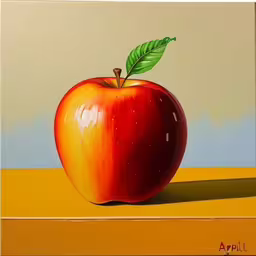 an apple with leaves on top sits on a table,a painting of an apple is shown with the reflection,an apple painting with a green leaf on top,a painting of an apple with green leaf on it,a painting of an apple that looks like a fruit