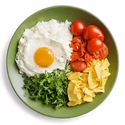 eggs, rice, tomatoes and green beans on a plate