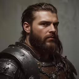a man with a beard and long hair wearing a suit of armor