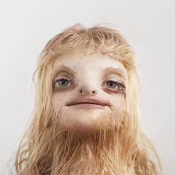 a young woman with frecky blonde hair looks up