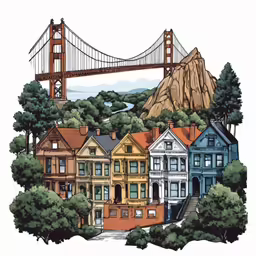a painting of houses below the golden gate bridge