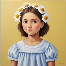 this painting shows the head and shoulders of a young girl, wearing daisies on her hair