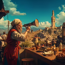 an elderly woman with a hat and apron holding a large megaphone in front of a table filled with food on a cliff top