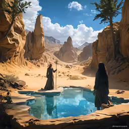 two people standing at a pool in a desert