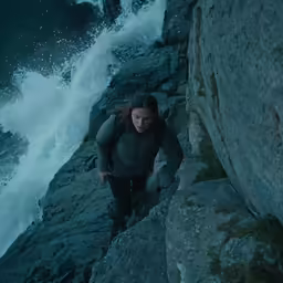 a person climbing up a cliff near the ocean