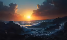 the sun is rising over an ocean with many waves