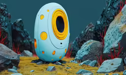 a giant blue rock with a yellow window sitting on top of it