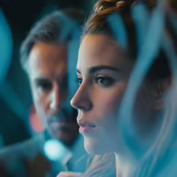 a woman looks at herself through the glass as she stares at her husband