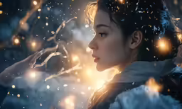 a young woman looking out into the sky with snow falling off her hair