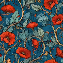 a blue and red pattern with leaves and flowers