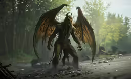 a digital painting of an evil demon standing outside in the woods