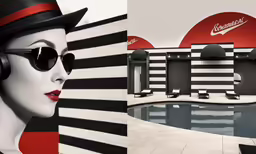 a surreal image of a woman wearing headphones and a top hat, next to a swimming pool with an ad for a new coca cola