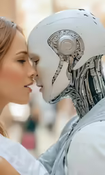 a woman kissing the face of an adult robot