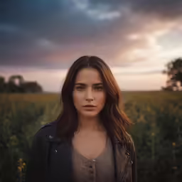 a woman standing in a field with a dark sky behind her