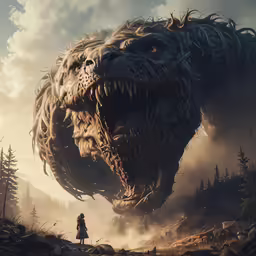 an alien predator with teeth and a man is in front of a giant beast
