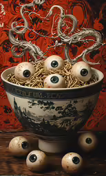 a bowl full of spaghetti and evil eyes