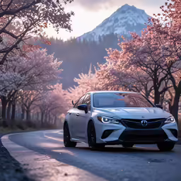 a car driving on a road surrounded by trees