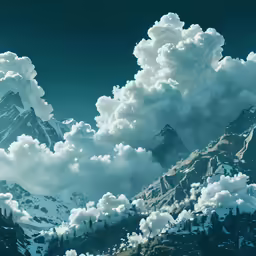 a painting of a mountain with clouds coming up from the sky