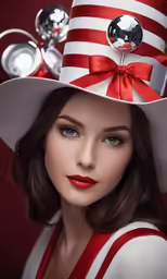 a young woman in a red and white outfit