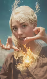 a blond woman wearing brown shirt and holding her hands to her ear
