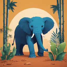 a large elephant is standing next to trees,an elephant is in the background of some palm trees