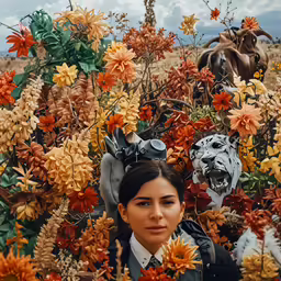 a girl is standing in a field with flowers