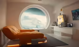 a lounge chair in front of a round window