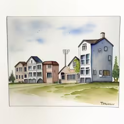 a watercolor painting of houses is shown,watercolor on paper, houses and street light