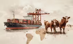 two cows are near the beach, while a large cargo ship looks on