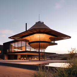 an art building at dusk in the desert